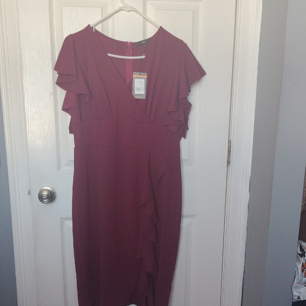 Elegant Burgundy Ruffle Dress With Short Flutter Sleeves